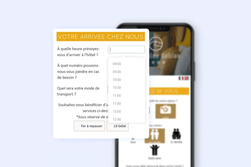 Pre-arrival questionnaire screen Votre arrivée chez nous: expected arrival time picked from a list, a number to reach the guest, means of transport and services wanted, such as an iron or a crib