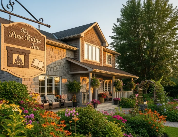 Front of a Canadian bed and breakfast with its porch and wooded grounds