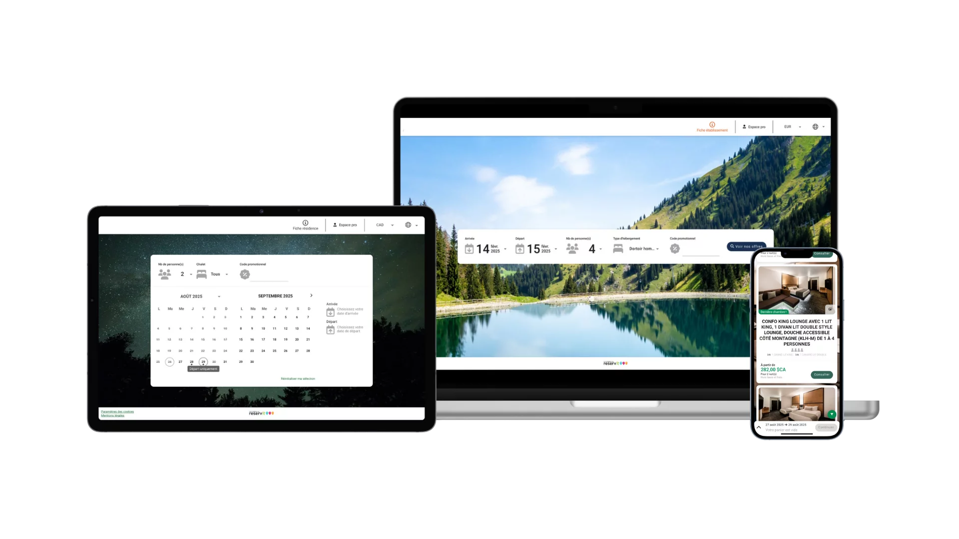 The Reservit booking engine shown on a desktop, a tablet and a phone