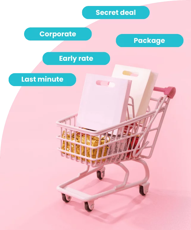 Pink shopping cart filled with bags and gifts, surrounded by the tags Secret deal, Corporate, Package, Early rate and Last minute.