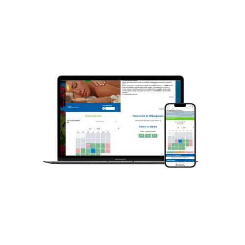 Moteur de réservation de soins Reservit sur un ordinateur portable et un téléphone : choix de la date dans un calendrier, puis de l'horaire