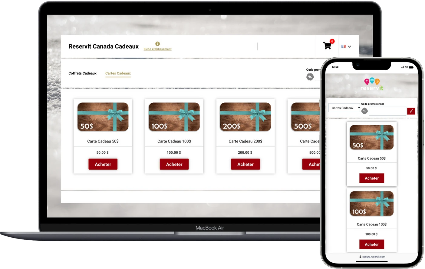 Page d'achat de cartes cadeaux Reservit sur ordinateur et sur téléphone : cartes de 50 $, 100 $, 200 $ et 500 $, chacune avec son bouton Acheter