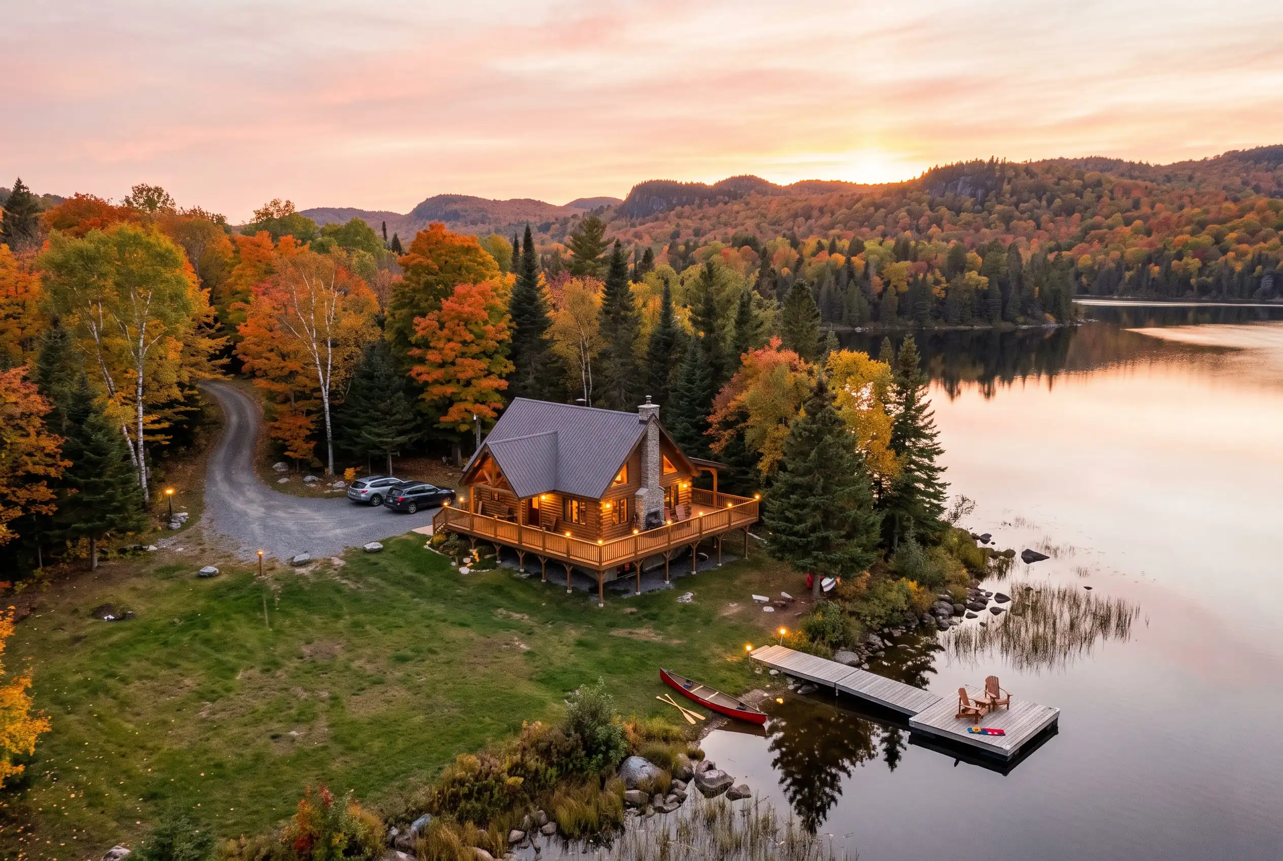 Log chalet on a lakeshore with its dock and canoe, seen from above at the end of the day