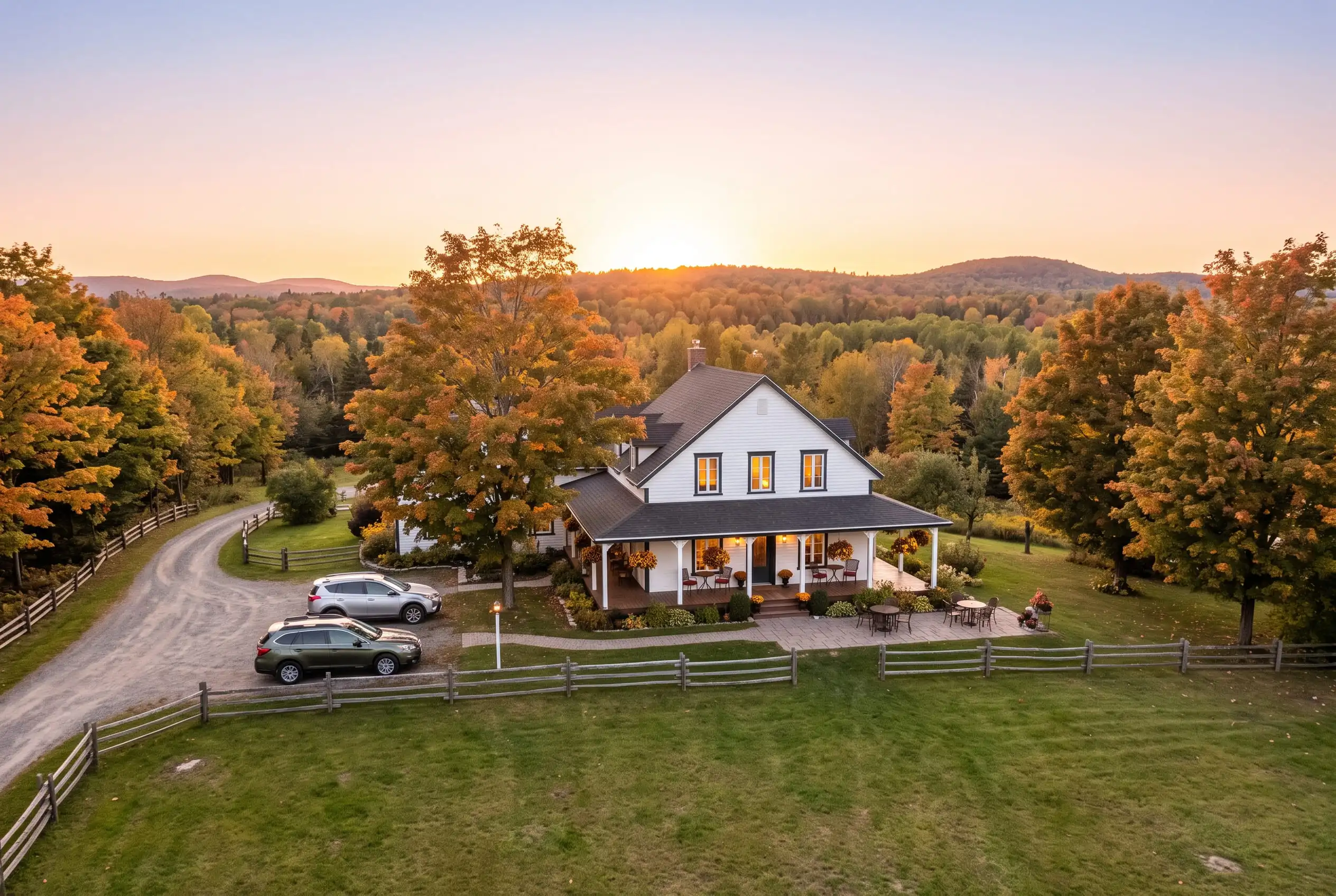Canadian bed and breakfast with its wraparound porch and terrace, seen from above at the end of the day