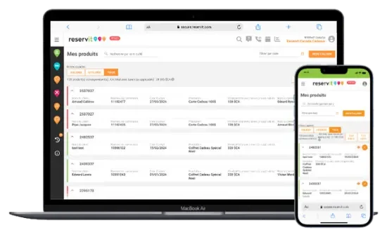 Écran Mes produits du logiciel Reservit : la liste des certificats et cartes cadeaux vendus, avec acheteur, numéro de commande, date et produit, sur ordinateur et sur téléphone