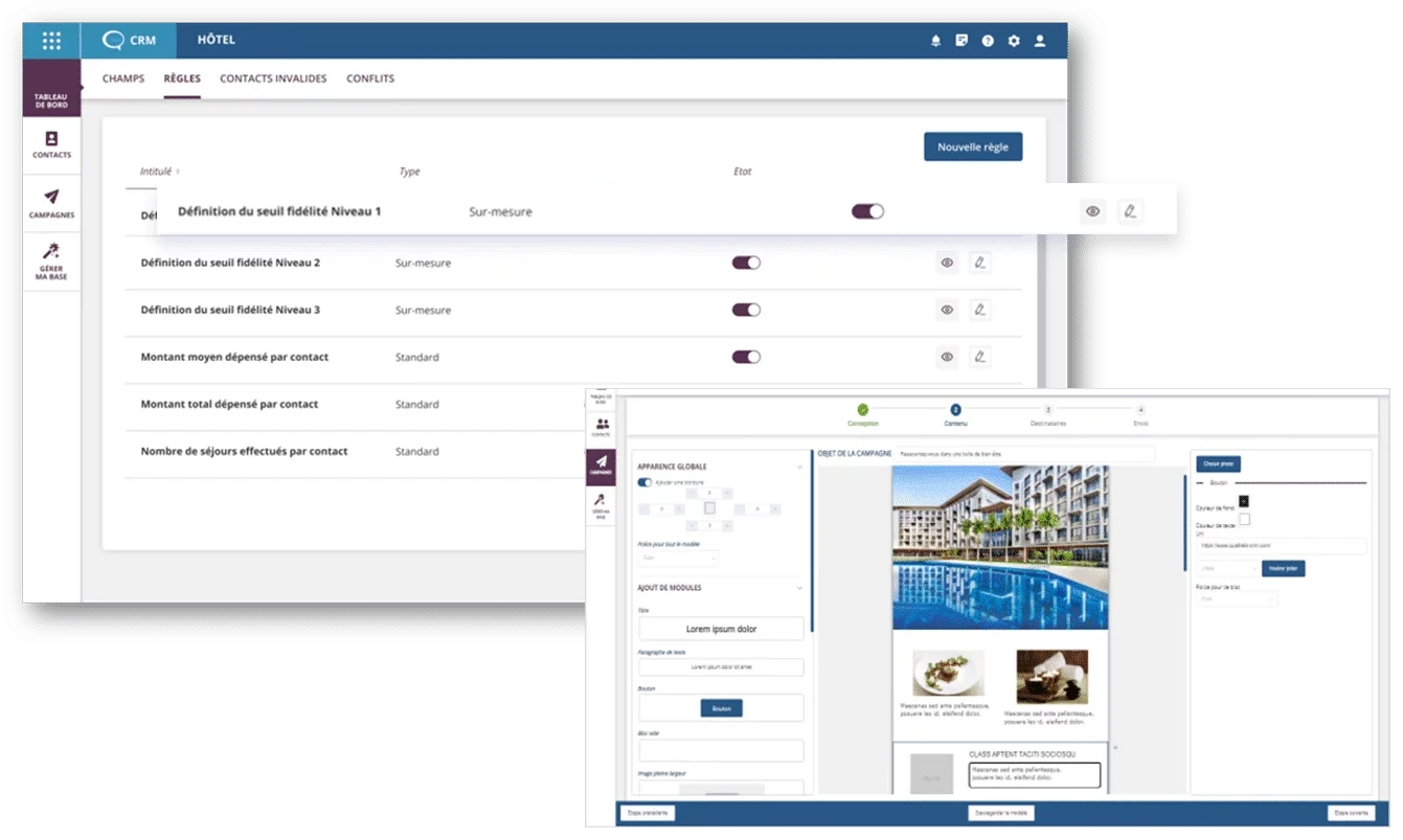 CRM screen: list of rules (loyalty thresholds, amount spent, number of stays) and campaign editor, in French.