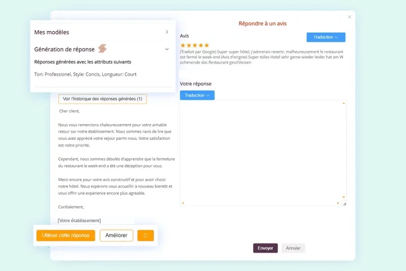 Reply screen: templates and tone settings, drafted text, translation button, then use or improve the reply, in French.