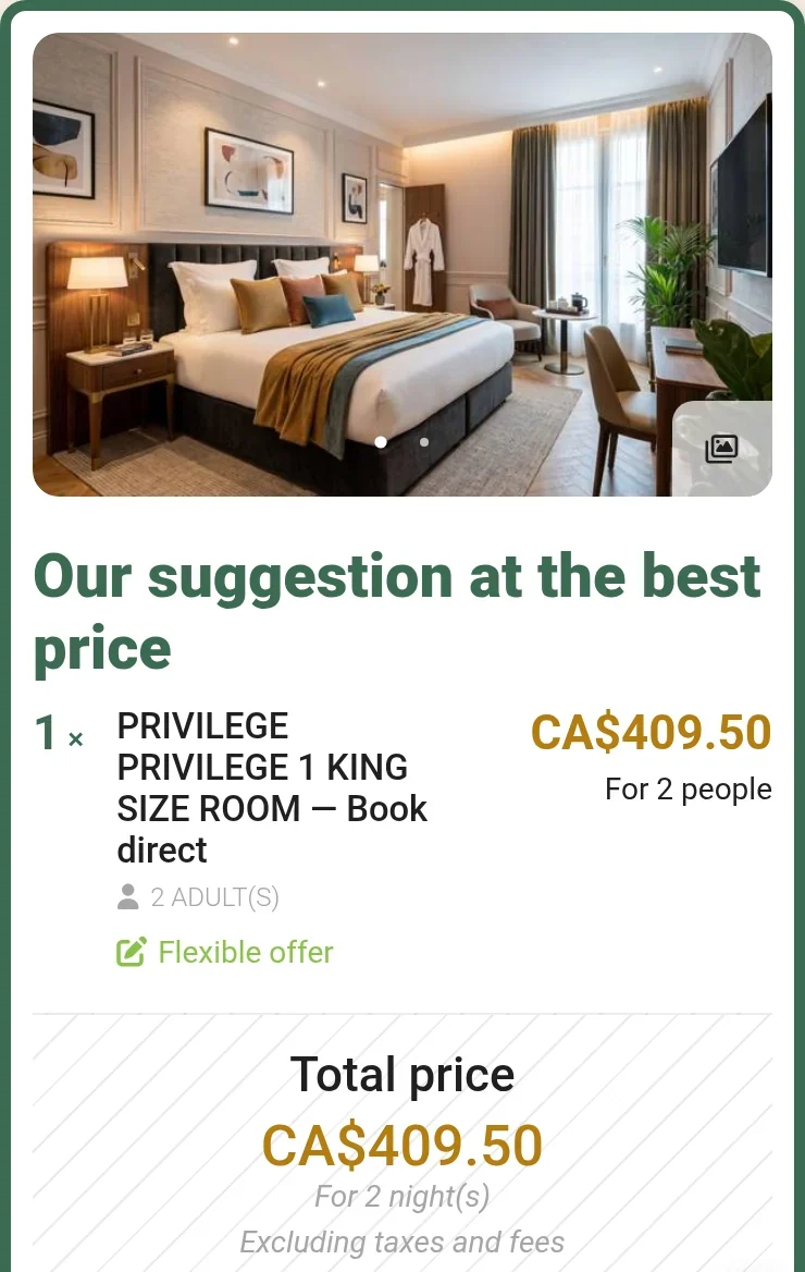 Reservit booking engine, step 1: the Privilege King Size room offered at CA$409.50 for two nights and two people