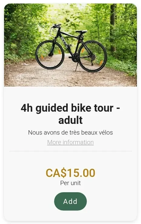 The 4-hour guided bike tour extra, CA$15.00 per unit, with its Add button