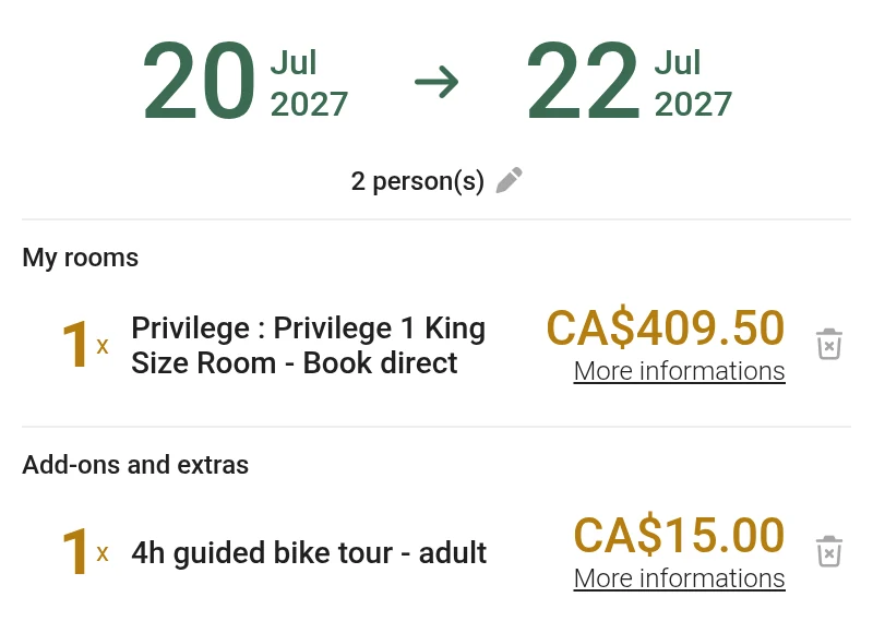 Reservit booking engine cart for July 20 to 22, 2027: a Privilege room at $409.50 and a four-hour guided bike tour at $15.00, side by side