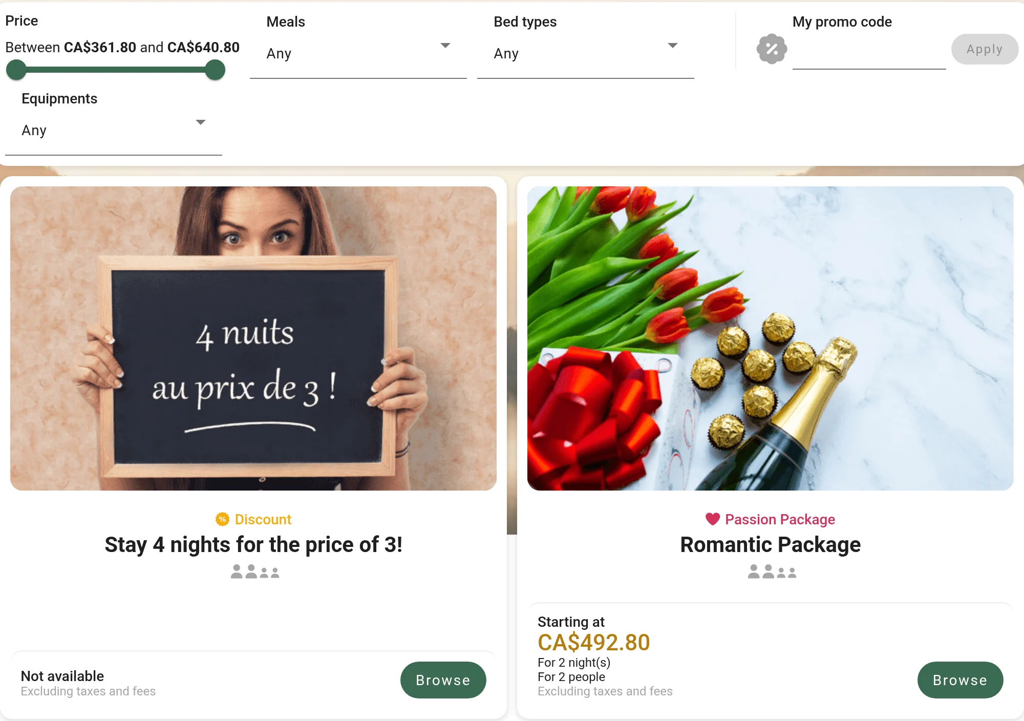 List of offers in the Reservit booking engine: the promo code field, the offer “Stay 4 nights for the price of 3!” shown as Not available for two nights, and the Romantic Package starting at CA$492.80