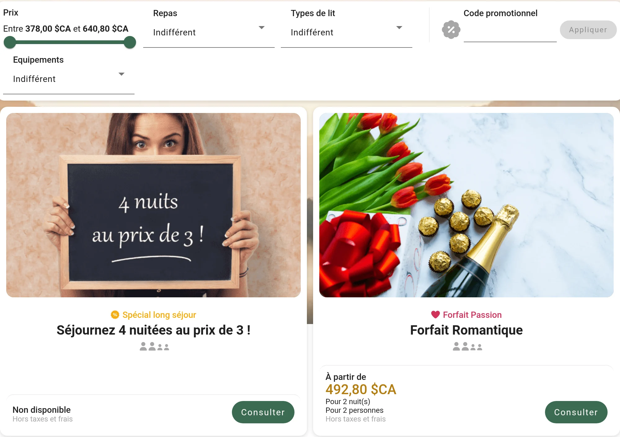 Liste des offres du moteur Reservit : le champ Code promotionnel, l'offre Spécial long séjour « Séjournez 4 nuitées au prix de 3 ! » affichée Non disponible pour deux nuits, et le Forfait Romantique à partir de 492,80 $CA