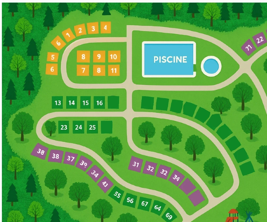 Plan d'un camping avec ses emplacements, ses allées et sa piscine