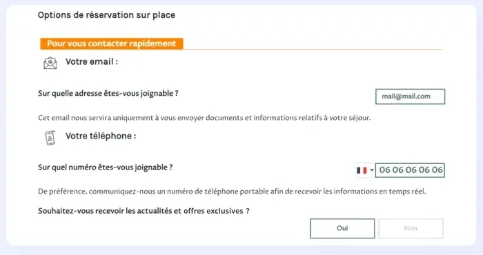 Pre-arrival questionnaire, contact block: email address and phone number where the guest can be reached, then the question asking whether they wish to receive news and exclusive offers, with Yes and No buttons