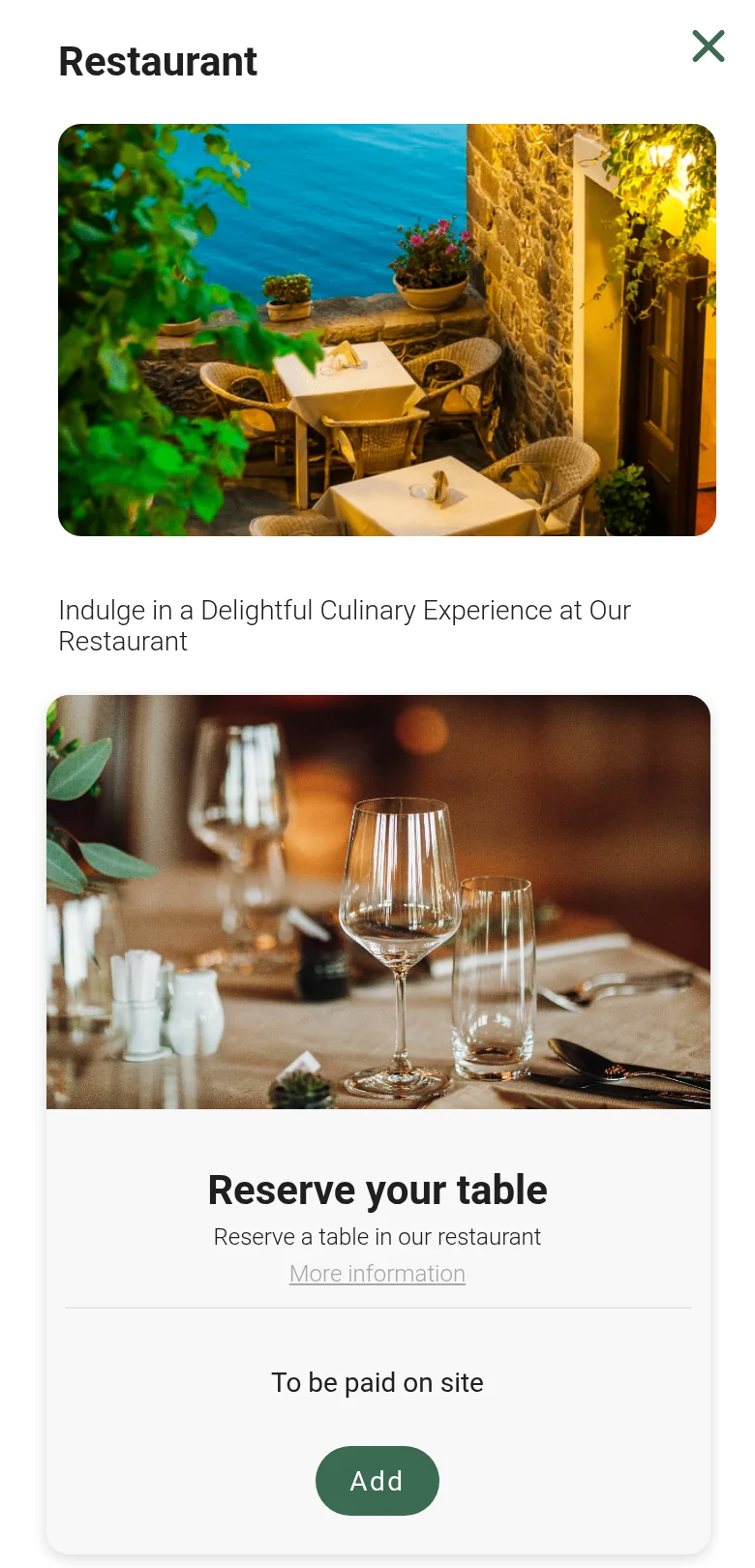 Reservit booking engine on a phone, Restaurant window of the add-ons step: a Reserve your table card with a photo of a set table, To be paid on site and an Add button