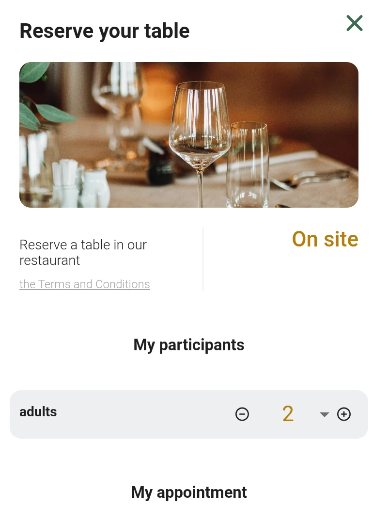 Reservit booking engine on a phone, Reserve your table window: photo of the restaurant, On site, number of adults set to 2, then My appointment