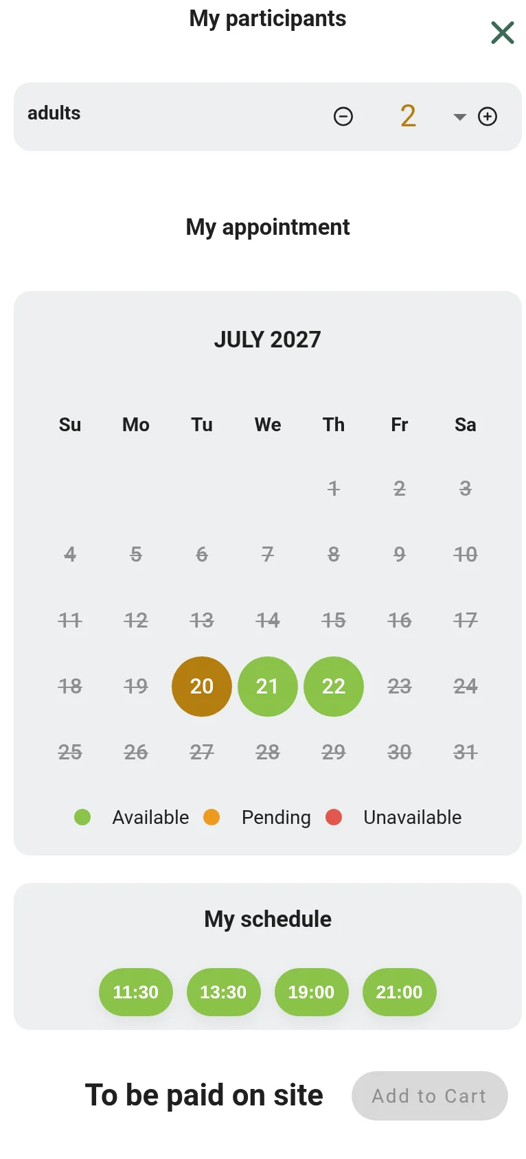 Reservit booking engine on a phone, Reserve your table window: two adults, July calendar with the days available in green, times 11:30, 13:30, 19:00 and 21:00, To be paid on site and an Add to Cart button