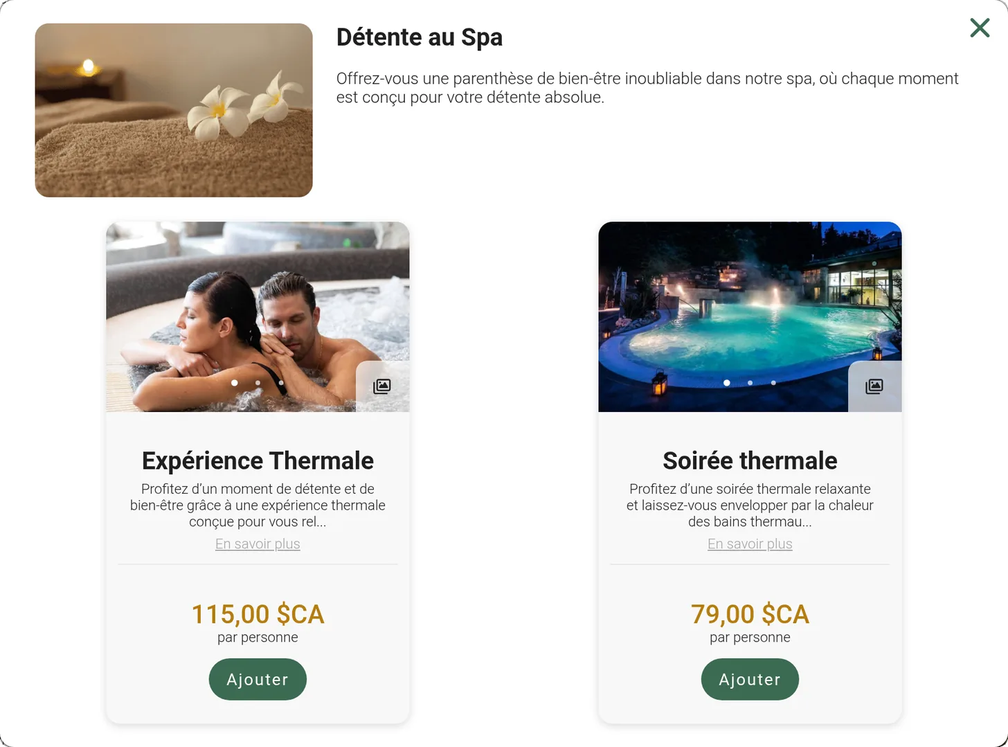 Moteur de réservation Reservit, catégorie Détente au Spa : deux soins, Expérience Thermale à 115,00 $ CA par personne et Soirée thermale à 79,00 $ CA par personne, chacun avec sa photo et son bouton Ajouter